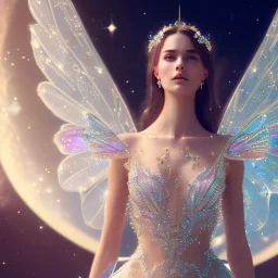 one big crystal subtle in a galactic ambiance with a beautiful girl with butterfly wings, transparent flowers, delicate colors, smile,soft light atmosphere, smooth, extremely sharp detail, finely tuned detail, ultra high definition, 8 k, unreal engine 5, ultra sharp focus