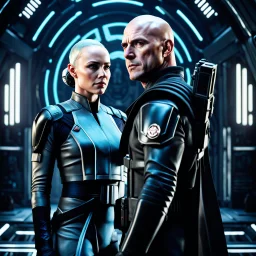 a bold and heroic bald male Corellian pilot in black and metallic grey First Order special forces gear meets a female Jedi Master in ancient, mystical temple, hyperdetailed, dynamic lighting, hyperdetailed background, 8k resolution, volumetric lighting, light skin, fully symmetric details