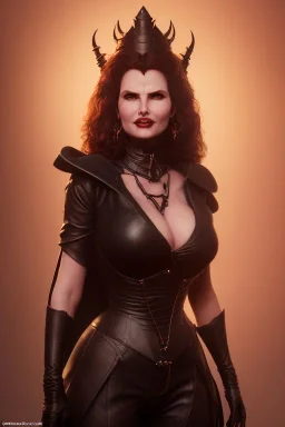 Geena Davis as evil queen in black leather, leather, busty, cleavage, angry, rage, stern look. character design by cory loftis, fenghua zhong, ryohei hase, ismail inceoglu and ruan jia. unreal engine 5, artistic lighting, highly detailed, photorealistic, fantasy