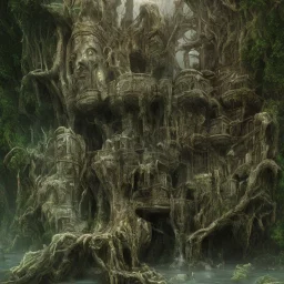 old one statue rock godess athena, abandoned between moutain, swamp, water, glass, fog, highly realistic, highly detailed, intricate, 8k