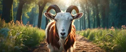 High-end hyperrealism epic cute goat chewing grass, inspired cinematic photography, symmetry forest alley background, Aesthetic combination of sage green and blue and honey red, Vintage style with brown pure leather accents, Art Nouveau visuals with Octane Render 3D tech, Ultra-High-Definition (UHD) cinematic character rendering, Detailed close-ups capturing intricate beauty, Aim for hyper-detailed 8K