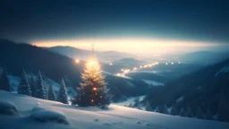 christmas tree,nature,bokeh, valley,utra realistic, snow, masterpiece, sharp focus,volumetric lighting,