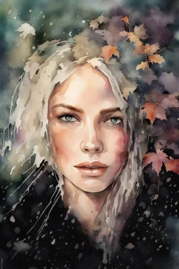 watercolor portrait of a woman, lush hair, rain, flowers, umbrella, autumn, paint blots, splashes, tears, plants