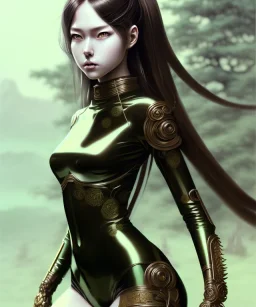 Detailed anime Kunoichi girl, long brown hair, green eyes, black latex bodysuit, intricate details, full body portrait, keep head in frame, slight smile, black Japanese motif, concept art, highly detailed, digital painting, concept art, sharp focus, illustration, art by Yoji Shinkawa, WLOP and greg rutkowski and alphonse mucha and artgerm and yanjun Chen and Junji ito and Makoto Shinkai, HDR, octane render