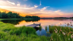 A tranquil lakeside scene at sunrise. The calm water reflects the colors of the sky, and a small wooden dock extends into the lake. Surrounding the lake are lush, green trees and soft grasses and flowers swaying gently in the breeze. Award-winning photograph, beautiful composition, exquisite detail and illumination