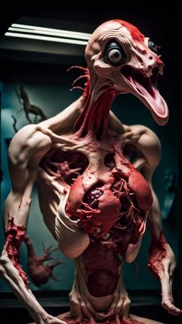 cinematic gore Bosch vs Dali style photo of a mangled embryonic cybernetic carnivore torso is a face is a picture-in-picture ostrich diorama wrestling itself in a sinewy fleshy soul vortex, puzzled back together, glued, anatomically fragmented, ripped apart again being flayed, skinned alive beating heart, muscles, blood vessels, bowels, entrails, capillaries, brain, oozing puss and long spine are exposed. Visceral anatomy. physiology. Their face and body opens with a zipper. Bosch and Dali i