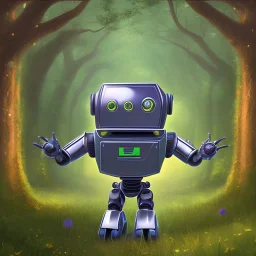 an inquisitive, shiny robot in the style of a Children's Book, with its head tilted curiously, standing upon a cobblestone path in a lush, vibrant forest.