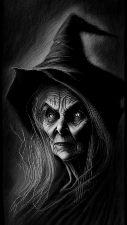 pencil drawing of old witch, Spooky, scary, halloween, black paper