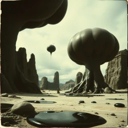 Photography polaroid close-up of a random landscape with massive odd Yves Tanguy incomprehensible style Surrealism, glossy, organic, creepy tumor mass growing, strong texture, fiotti di liquido nero, horror, panic, obsessive, hypnotic.