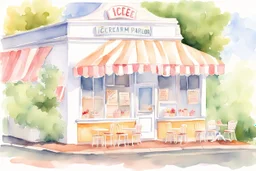 Small Town Ice-Cream Parlor... Prompt: A watercolor depiction of a picturesque, small-town ice cream parlor with vintage decor, bathed in the soft, warm hues of a summer afternoon, exuding the comfort and joy of sweet, simple pleasures #watercolor #MJ