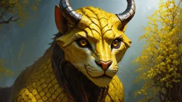 Realistic oil painting of a mythical creature with thin, goldenrod colored skin, intricate details on scales and horns, inspired by the works of Leonardo DaVinci and Vincent Van Gogh. (Close-up shot), dramatic lighting, concept art for a fantasy world.