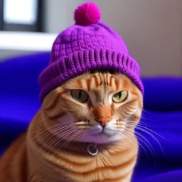 red cat wearing a purple hat