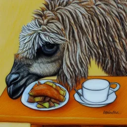 Cute llama is having breakfast. Ink and pencil, colours