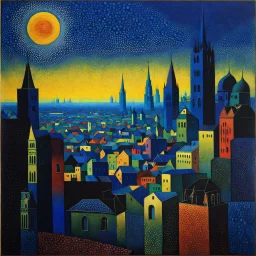 City with many colors, solchi e rilievi, dark blue decal pointillism Max Ernst