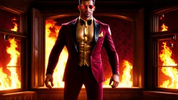 Hyper Realistic Photographic-Silhouette View of a handsome muscular Fire-Superhero wearing long-fancy-Maroon-tuxedo with-golden-flame-patterns on it & wearing fancy-red-sunglasses with flame-embers-around-him & standing on a vintage-crafted-balcony & maroon-open-fancy-windows & fancy-damask-wallpapers on walls at dark night showing dramatic & cinematic ambiance.