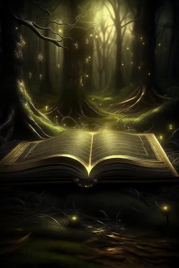 a gloomy mystical forest a magical book lies open, light comes out of it in the form of small golden dots shining golden highlights and grass sprouts branches everywhere a lot of swamp lights haze, Gothic, fantasy, detail, professional photo, detailed drawing, transparency, horror, hyperdetalization, full view, a very beautiful book. beautiful Gothic font