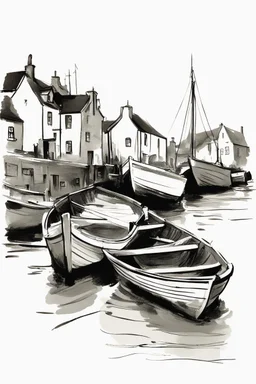 Sketch of English fishing village in style of john singer sargent