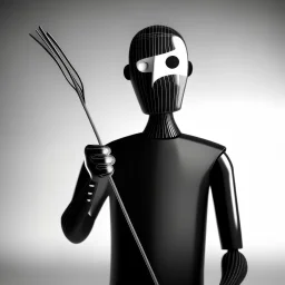 thin stick man with metal face mask black and white