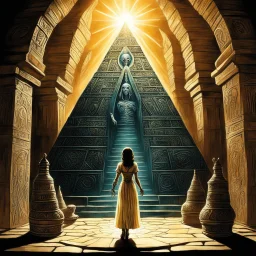 [art by Ray Harryhausen for Pan's Labyrinth (2006)] In the heart of a pyramid, the woman's mummy, is ensnared within a gleaming gigantic bottle on the temple wall. Illuminated by a radiant ray of light, the bottle dazzles with intricate detail, reflecting the mummy-queen's bandages with exquisite precision.