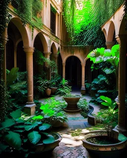 Nestled within the bustling city, a hidden oasis awaits within the courtyard of an ancient building. Sunlight filters through lush, verdant foliage, casting dancing shadows on flagstone pathways. A gentle fountain murmurs, its soothing melody harmonizing with the rustling leaves. Serenity envelops this haven, a respite from urban chaos, inviting restoration and inner peace. a person is in the space