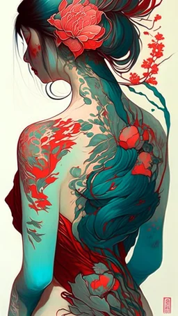 There is a woman's back, Tattoos with red and teal flowers on the back, ukiyo-style, Guviz-style artwork, Guviz, Alphonse mucha and rossdraws, A beautiful artwork illustration, By Li Song, by Yang J, author：Zou Zhe, By Zeng Jing, by Ye Xin, author：Shitao, author：Zhou Fang, korean art nouveau anime