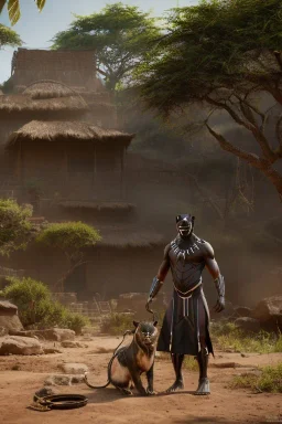 A photo taken from an african village "black panther", <character or scene>, kente, cinematic lighting --v 4 --q 2