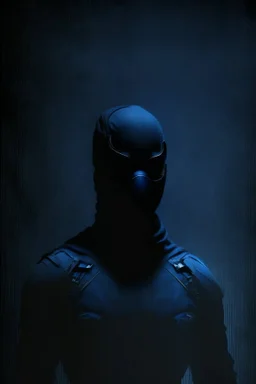 Background is dark blue, almost black. There is a head and torso silhouette looming in the picture, completely masked by a black kevlar suit.