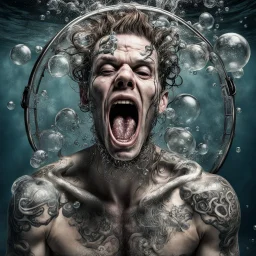 metal fan young man with tattoos trapped in a underwater cage, underwater scream with bubbles and froth pouring out of mouth, sudsy bubbles, photorealistic, HD Highest quality, super focused, digital art, realistic, weirdcore, by Joel-Peter Witkin