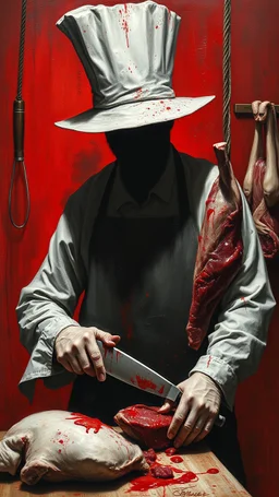Bosch style painting , A shadow of a spirit inside a bloody butcher wearing a butchers white bloody hat , the butcher holding a big knife cutting a meat of hanging cow meat with details on red bloody background of a meat store