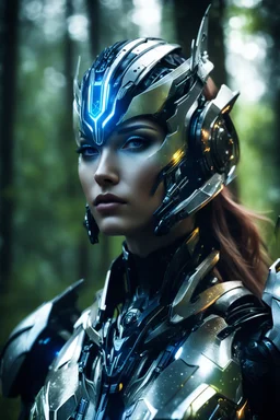 Facing Front night Photography Ultra Realistic High Details,Natural Beauty,Beautiful Angel Pretty woman cyborg mecha cybernetic futuristic warframe armor metallic chrome,Helmet futuristic,in Magical Forest,full of lights colors,glowing in the dark, Photography Art Photoshoot Art Cinematic,Soft Blur Colors, sci-fi concept art