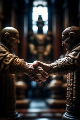 handshake in the temple,shot on Hasselblad h6d-400c, zeiss prime lens, bokeh like f/0.8, tilt-shift lens 8k, high detail, smooth render, down-light, unreal engine, prize winning