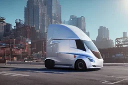 A Tesla 'Semi' (semi truck) is parked, near the 'Pier 11' in Manhattan. (CINEMATIC, WIDE ANGLE LENS, PHOTO REAL)