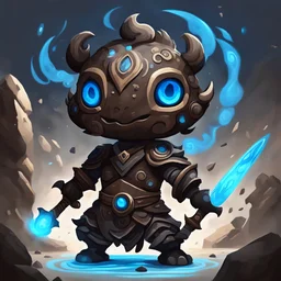 In Cute art style, A Atronach made of dark brown and gray floating rocks with tan swirl markings and ruins glowing blue eyes and swords wind and twisters swirling around them