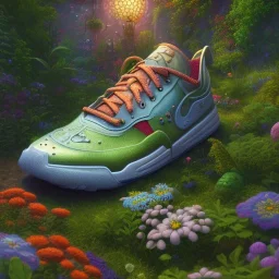 pixar style, volumetric summer garden environment and background, hyper realistic painting of best 3d puffer steampunk Nike sneaker, looking excited, volumetric lighting, dramatic lighting, detailed digital painting, anime, ornate, colour-saturated colors, chaotic, small minutiae, tiny features, particulars, centered, smooth, sharp focus, renderman gofur render, 8k, uhd, detailed eyes, realistic shaded volumetric lighting, sunlight caustics, backlight, centered camera view