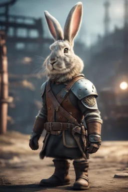 portrait of fast historic viking rabbit with helmet & boots in fallout 4 setting, bokeh, downlight, prize winning, depth of field, in the style of ivo caprino