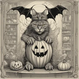 Halloween technical cutaway schematics, technical diagram of spooky Halloween holiday, pumpkin - black cat - ghost - bat, by gary Gygax, by Virgil Findlay, looks like D&D Monster Manual, hyperreal, orange black and white color scheme.