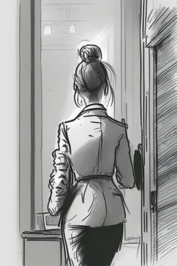 woman with a bun walking away out of someone's office with big windows sketch style