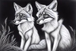 twilight descends, sly and clever foxes and their nocturnal adventures - Pencil drawing, realistic, graphite