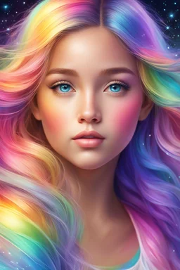 Adorable digital painting style. Pastel hues adorn her every trace, A rainbow girl with a shimmering embrace, Her eyes, glistening with dreams and grace, A vision of magic, lighting up any space. highly detailed, 4k, high quality, correct face structure, correct anatomy