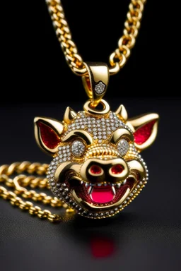 A gold chain with an iced out pumbaa sitting pendant, eyes should be ruby red and fangs in gold