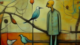 abstract painting, balance, man and bird, bizarre, surreal, art brut, outsider art, a muted colors photo, pexels contest winner, 1940s, high quality photo,