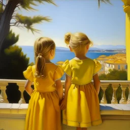 Neoclassicism 2 childeren from the back looking at the sea painting yellow realistic cote d'azur