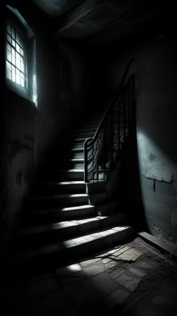 A stair from underground to another room with ghost shadow on the stair ,in darkness reigns supreme, swallowing light and casting an eerie gloom. Jagged rocks jut ominously, shadows dancing with unseen creatures. Sinister shapes glide, eyes gleaming in the murky depths. Distant rumblings and creaking sounds fill the water, sending shivers. In this desolate underworld, fear of the unknown pervades every corner, where the slightest movement evokes terror. It's a realm where nightmares manifest