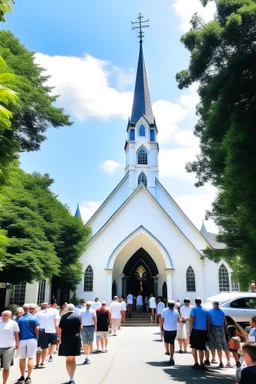 quintessential church with steeple with people walking out of it with the a large marquee