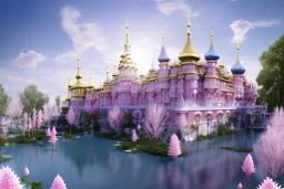 a magical crystal flower lotus magnolia lys bougainvillier, blue gold house +++russian palace castle in the woods, magnolias pink,blue lake,sun,white swanns,pink vertical, blue lake,sharp, vines, candlelit, endor, ornate, elegant, highly detailed, artstation, concept art, smooth, sharp focus, illustration, 8k, splash art, wallpaper, key visual