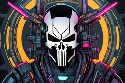 Punisher with Body parts mechanism in 8k cgi cyberpunk drawing style, samurai custom, close picture, neon, intricate details, highly detailed, high details, detailed portrait, masterpiece,ultra detailed, ultra quality