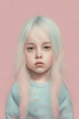Illustration of billie eilish as a toddler, style of Marcel Marlier, pastel colors