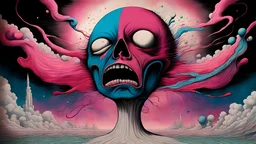 And if your head explodes with dark forebodings too || surreal tribute to Pink Floyd, psychedelic, in the styles of Skinner and Alex Pardee and Gerald Scarfe, mixed media, imperial colors, cinematic, sharp focus, epic masterpiece