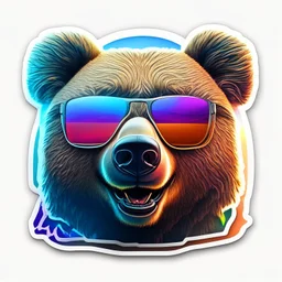 sticker on white background, 3d Head of a Bear with sunglasses, psychedelic, octane render, unreal engine 5, DMT art, funny, smiling