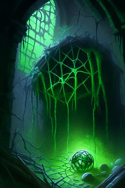 Abandoned spider lair with green glowing eggs and tangled webs in ruined castle rpg art painterly